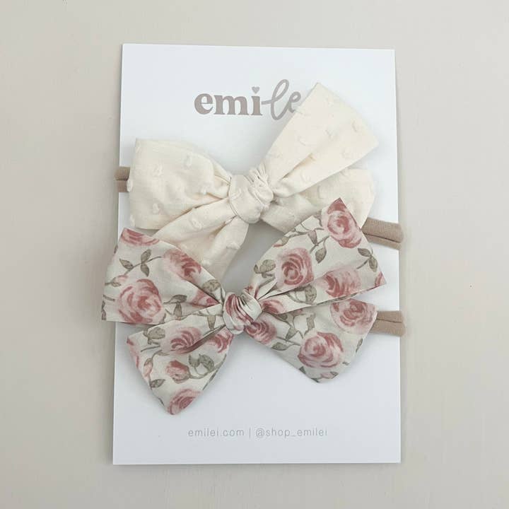 Nylon Stretchy Bow Headband Set - Blush Roses/Cream for wholesale by Emi Lei