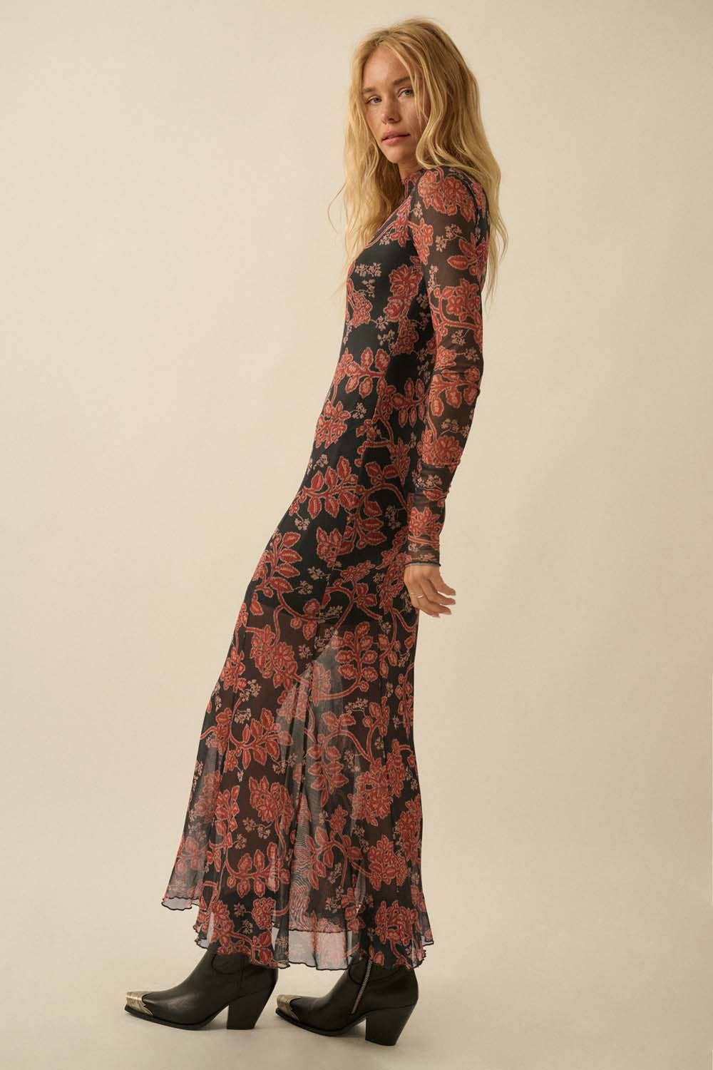 Charcoal Floral Mesh Mock-Neck Thumbhole Maxi Dress for wholesale on Faire4