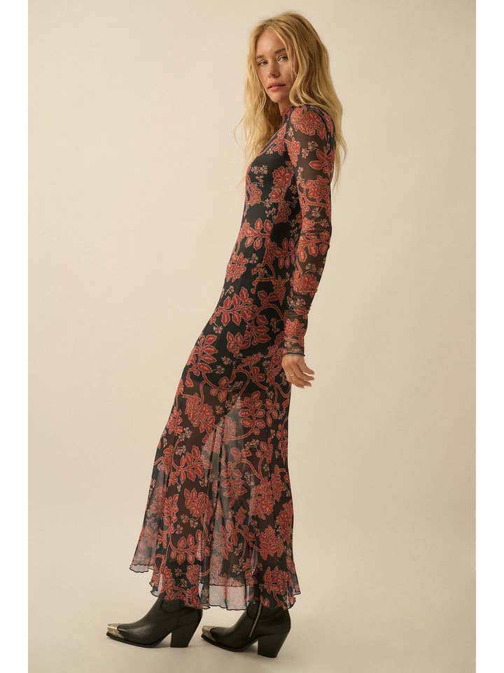 Charcoal Floral Mesh Mock-Neck Thumbhole Maxi Dress for wholesale on Faire4