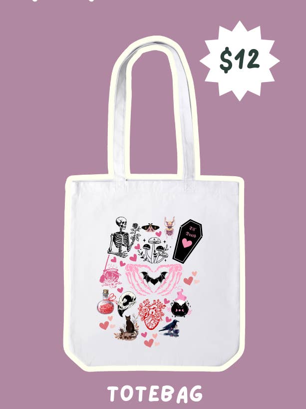 Pre-Order Gothic Valentine's Day Collage Totebag for wholesale by Chaotic Crystal Chick Co.