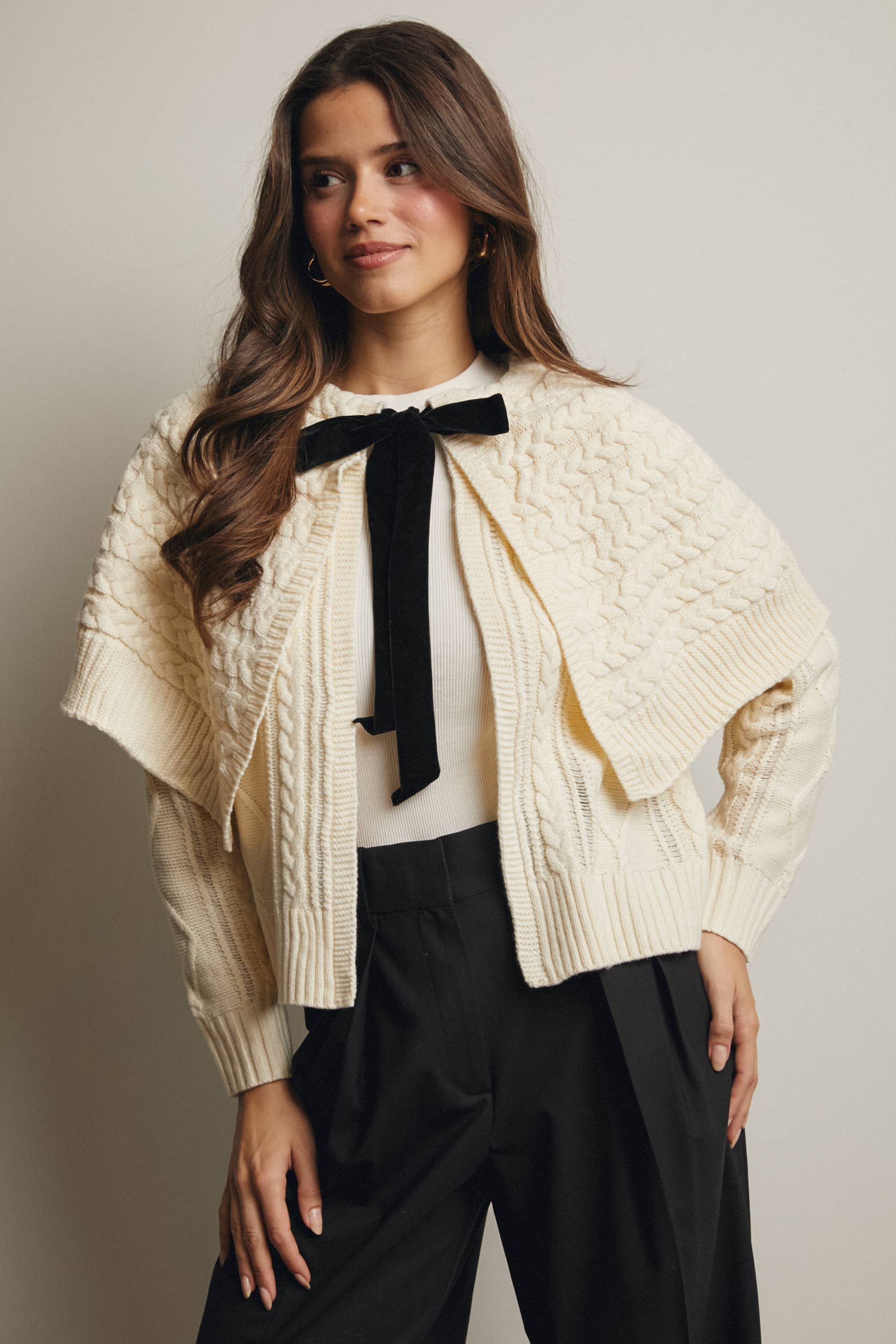 Forte – wholesale Cardigan – Women’s – Cable Knit Capelet Cardigan with Velvet Bow FSW0017 25