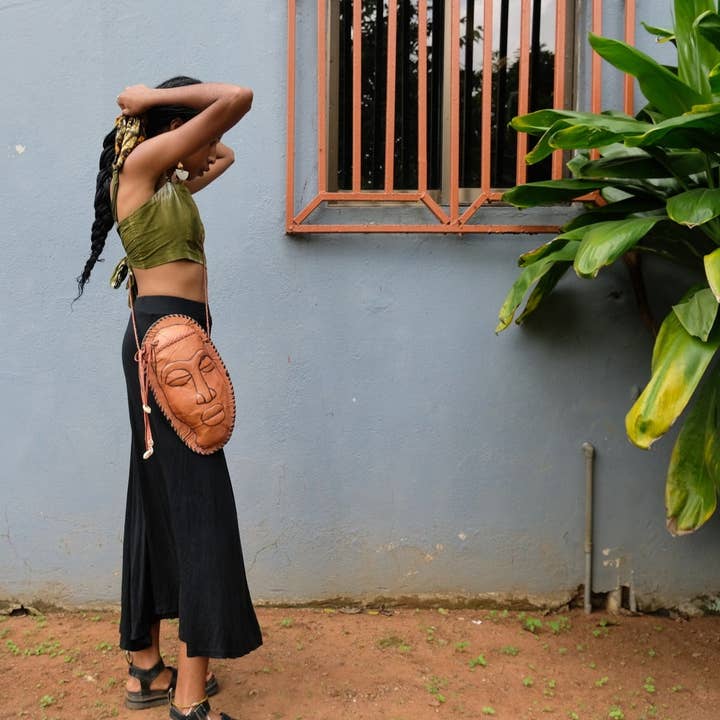 BATIK BOUTIK – wholesale Crossbody bag – Women's – BROWN LEATHER BAG AFRICAN MASK HOME DECOR ACCESSORY GENUINE LEATHER GIFT0