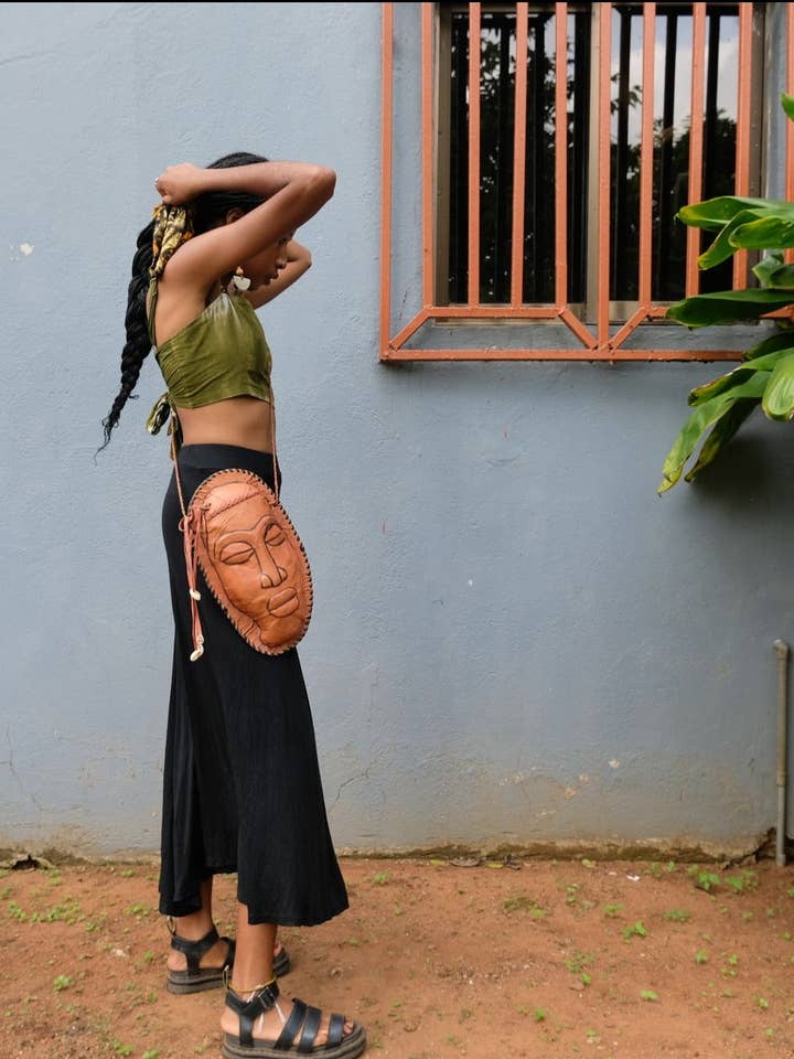 BROWN LEATHER BAG AFRICAN MASK HOME DECOR ACCESSORY GENUINE LEATHER GIFT for wholesale by BATIK BOUTIK