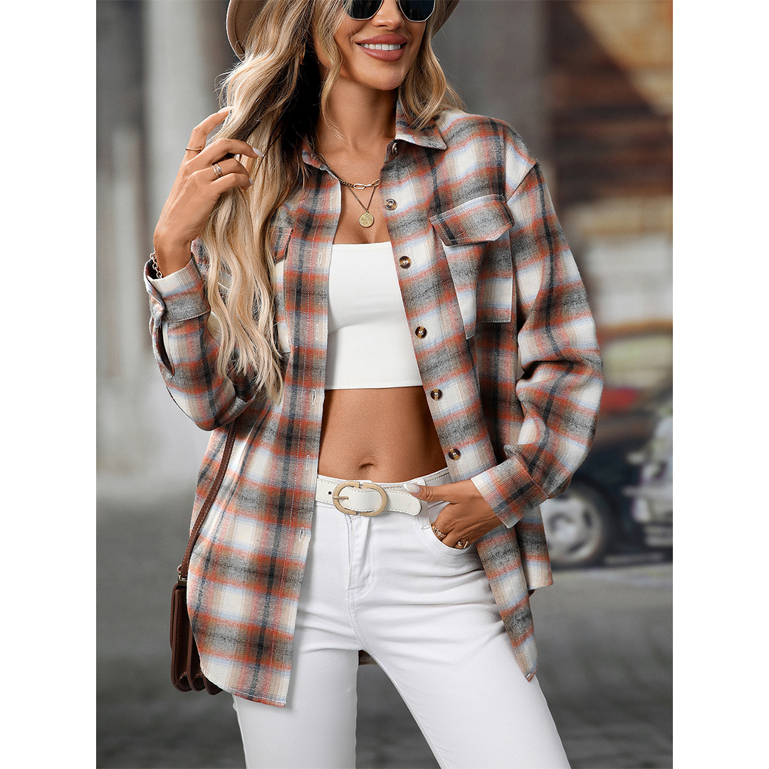 UNISHE - Wholesale Shirt - Women's - Casual Loose Fit Plaid Pockets Button-Down Shirt MD21330