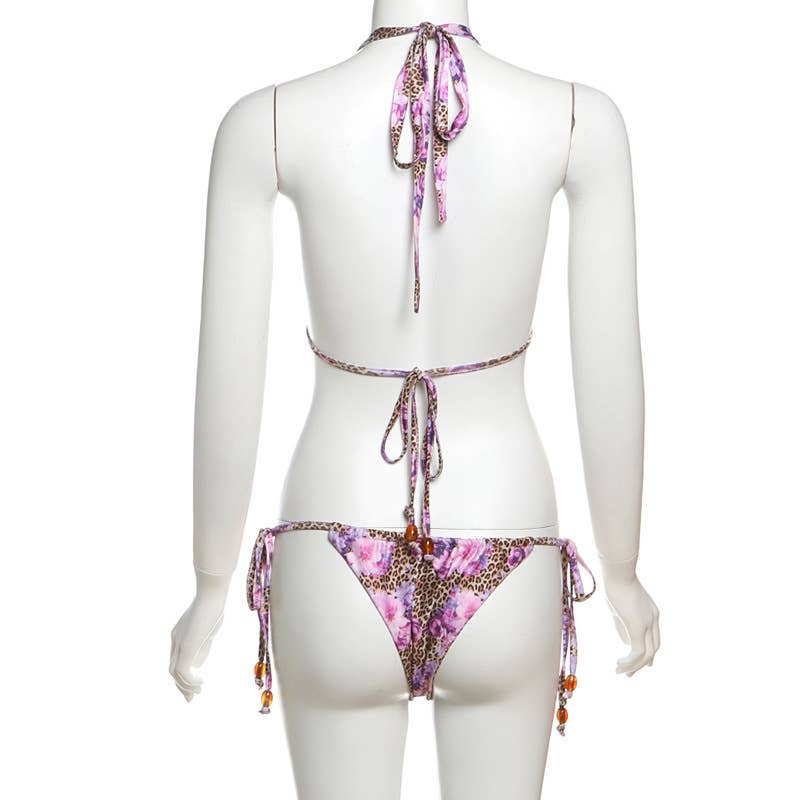 Lily Clothing - Wholesale Two Piece Swimsuit - Women's - Leopard Floral Halter Tie Bikini Set9