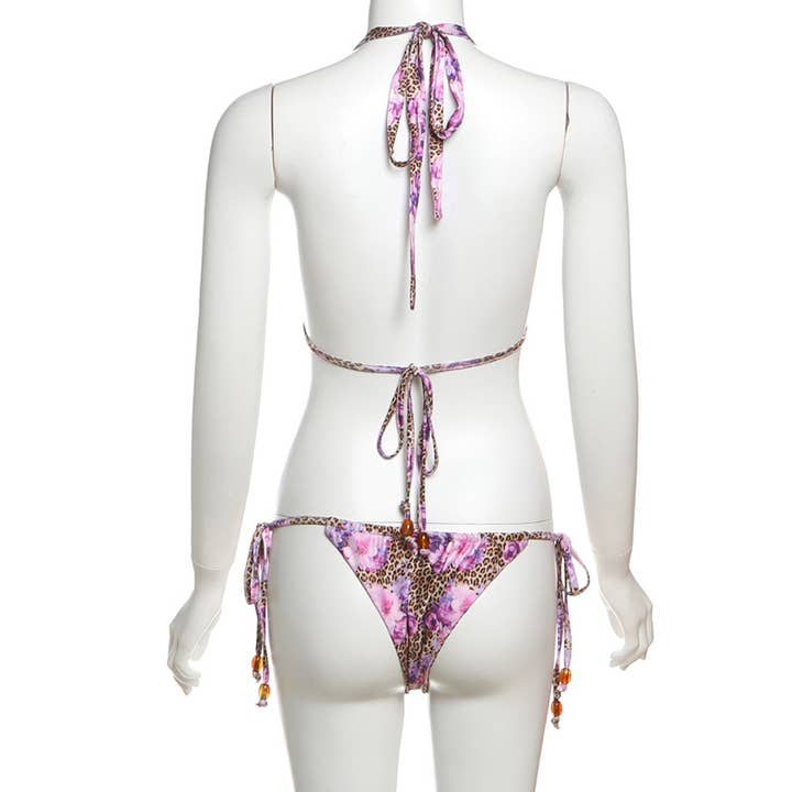 Lily Clothing - Wholesale Two Piece Swimsuit - Women's - Leopard Floral Halter Tie Bikini Set9