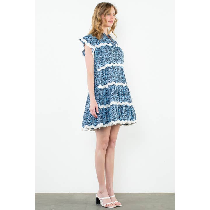 BLUE Wave Trim Flutter Sleeve Print Dress for wholesale on Faire5