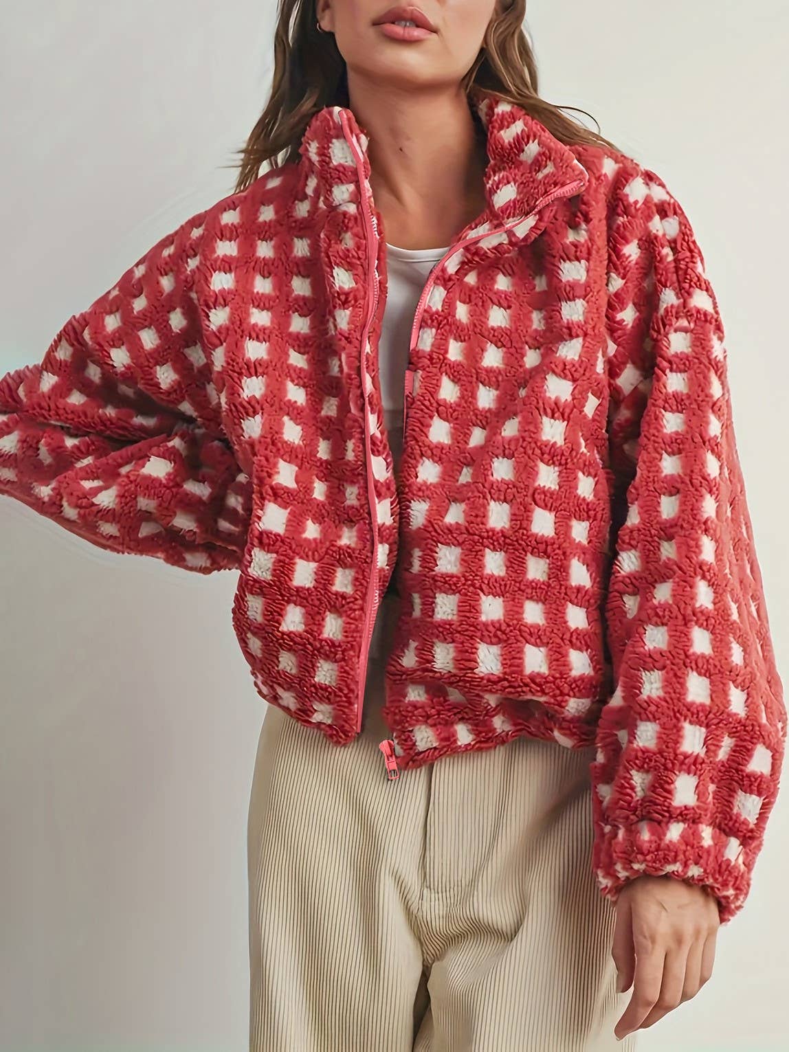 Checkered Red Gingham Sherpa fleece oversized jacket for wholesale on Faire3