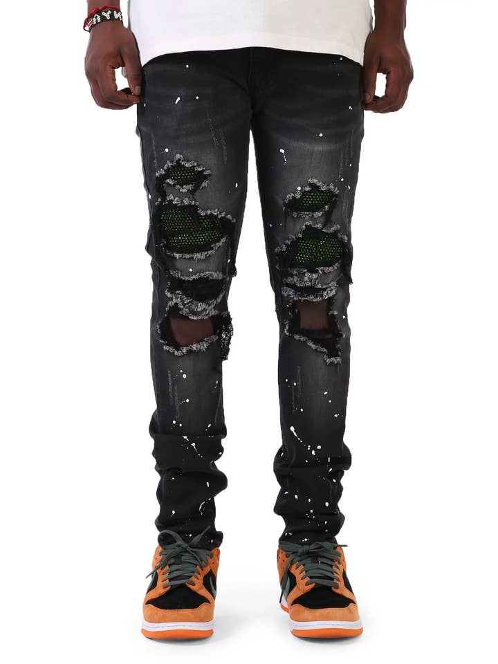 Black RHINESTONE PATCHED JEANS for wholesale on Faire