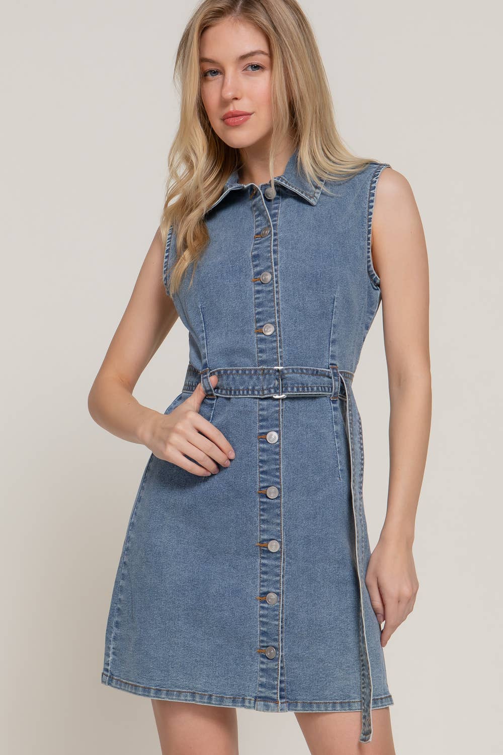 Sleeveless Button Down Stretch Denim Mini Shirt Dress for wholesale on Faire3