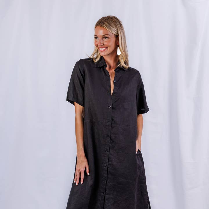 Vestido Tula em Linho Preto por atacado de Sea Lustre