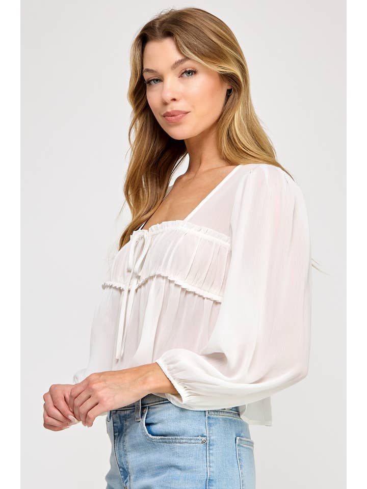 Vestis M - Vente Chemisier – femme - Haut à manches bouffantes transparentes en chiffon à encolure carrée - Noir11