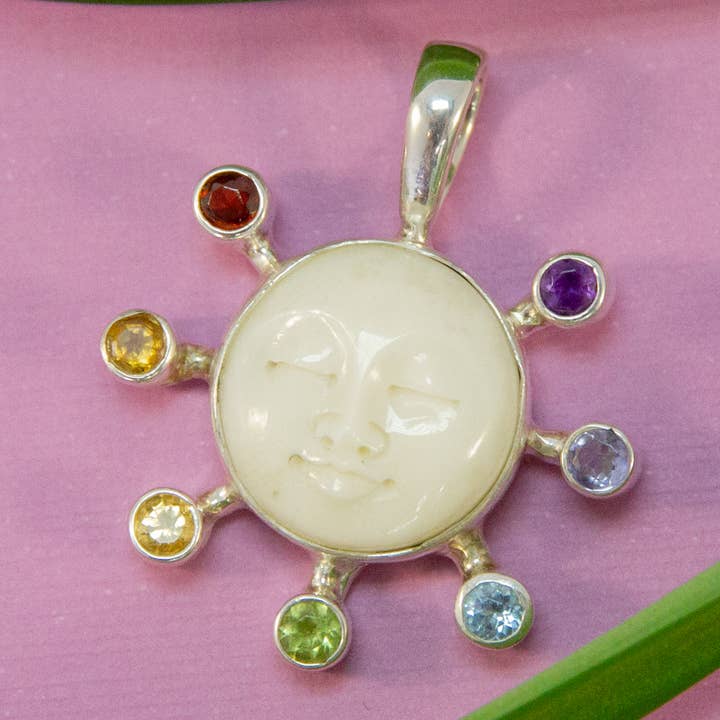 Ajmer by Jodi - Wholesale Individual Charm/Pendant - Moon Face Chakra Pendant in sterling silver ~ 7 faceted gems0
