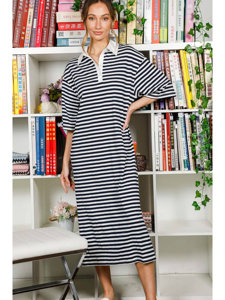 Navy Collared Drop Shoulder Striped Printed Polo Dress VD82307 for wholesale on Faire4