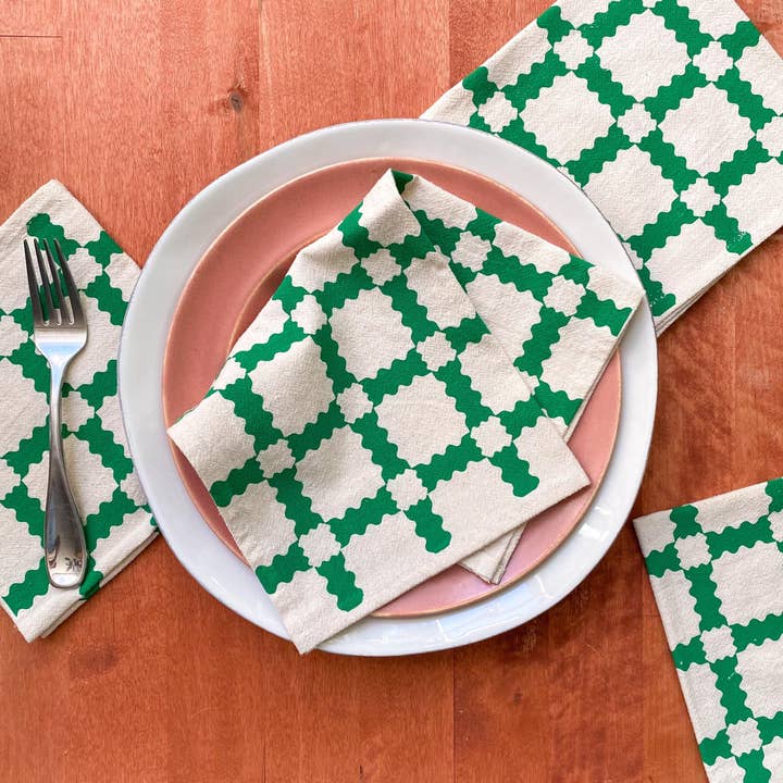 Green Party Time Plaid Hand Printed Cotton Napkins, Set of 4 for wholesale by Bright Beige