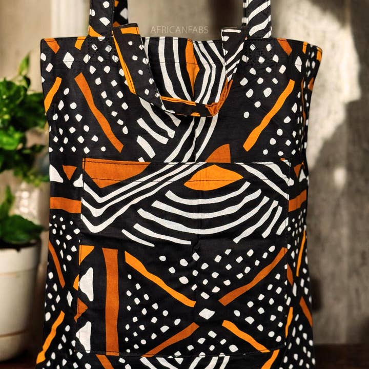 AfricanFabs - Wholesale Tote Bag - Unisex - Shopper bag with African print - Black Orange Bogolan - Reusable Cotton Tote Bag1