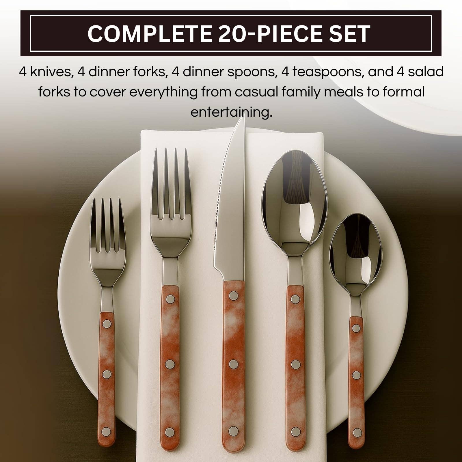 The Wine Savant /  Khen Glassware - Wholesale Flatware Set - 20-Piece Flatware Set - Blush Storm Color French Cutlery Set1