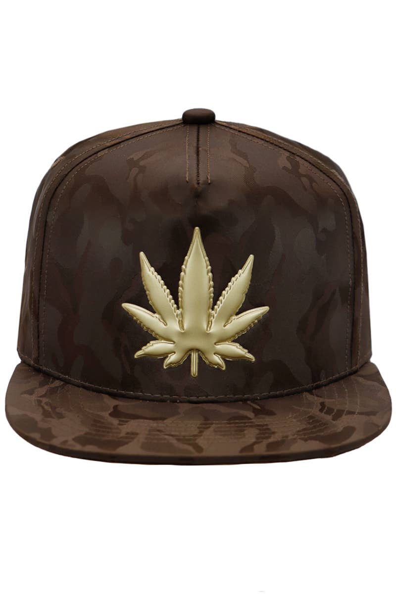 Cap Zone - Wholesale Flat Brim Cap - Men's - Gold Marijuana Leaf Embossed Camo Polyester Fabric Snapback22