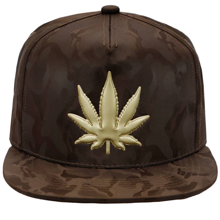 Cap Zone - Wholesale Flat Brim Cap - Men's - Gold Marijuana Leaf Embossed Camo Polyester Fabric Snapback22