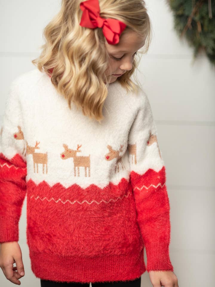 Adorable Sweetness - Wholesale Knit Sweater - Kids - Kids Fuzzy Soft Christmas Holiday Reindeer Crew Neck Sweater