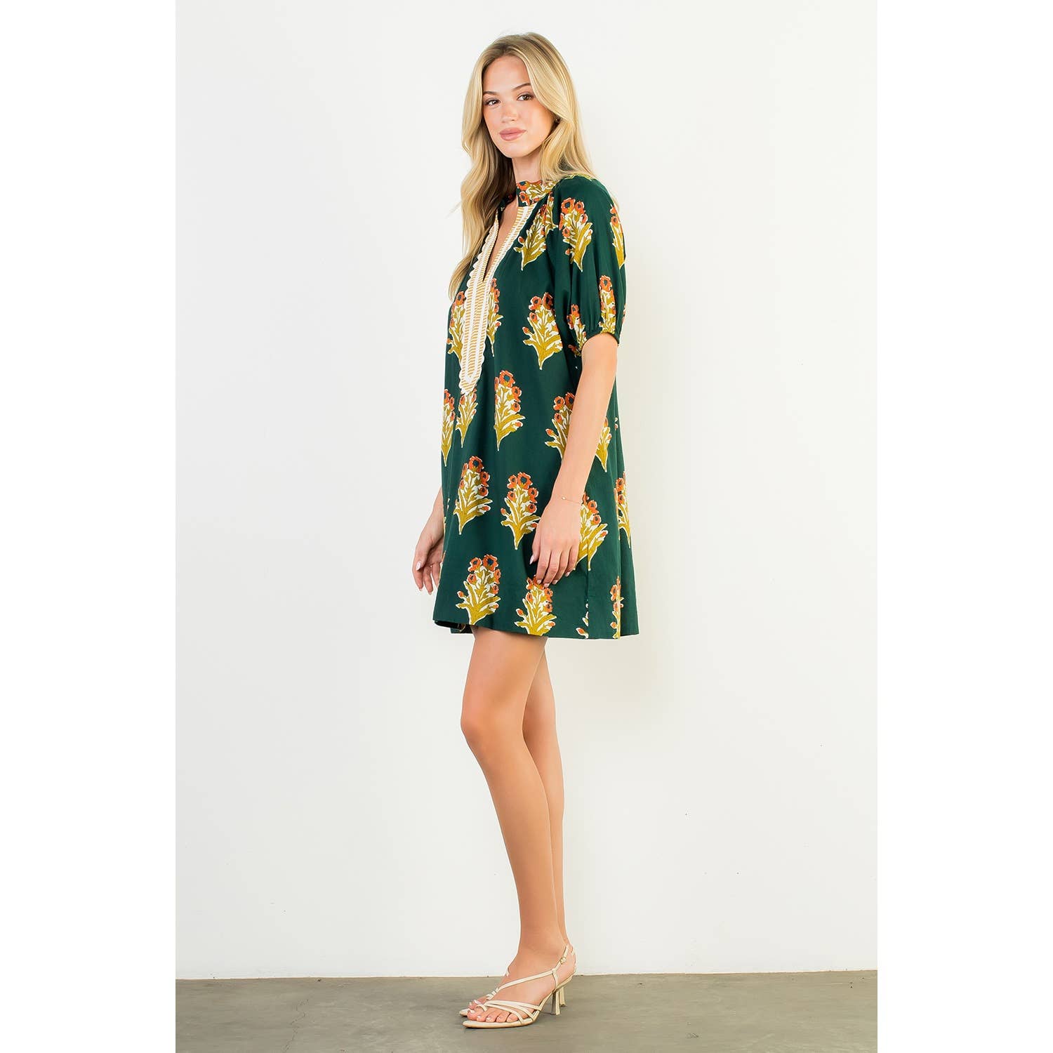 GREEN Floral Print V-Neck Striped Detail Dress for wholesale on Faire5