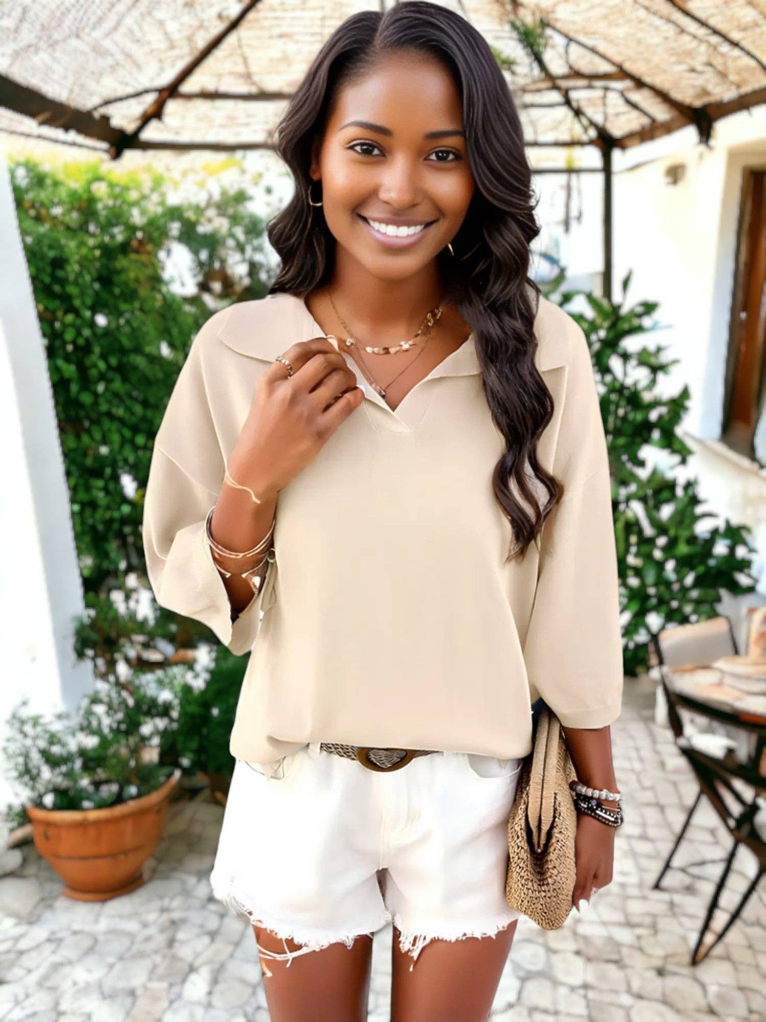 Anna Kaci Wholesale - Wholesale Knit Sweater - Women's - Notched Collar V-Neck Knit Short Sleeve Pullover Sweater12