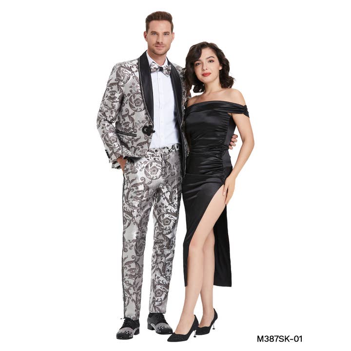 Fashion Suits,Shawl Collar Paisley Trim, Multi Silver for wholesale by Suits America