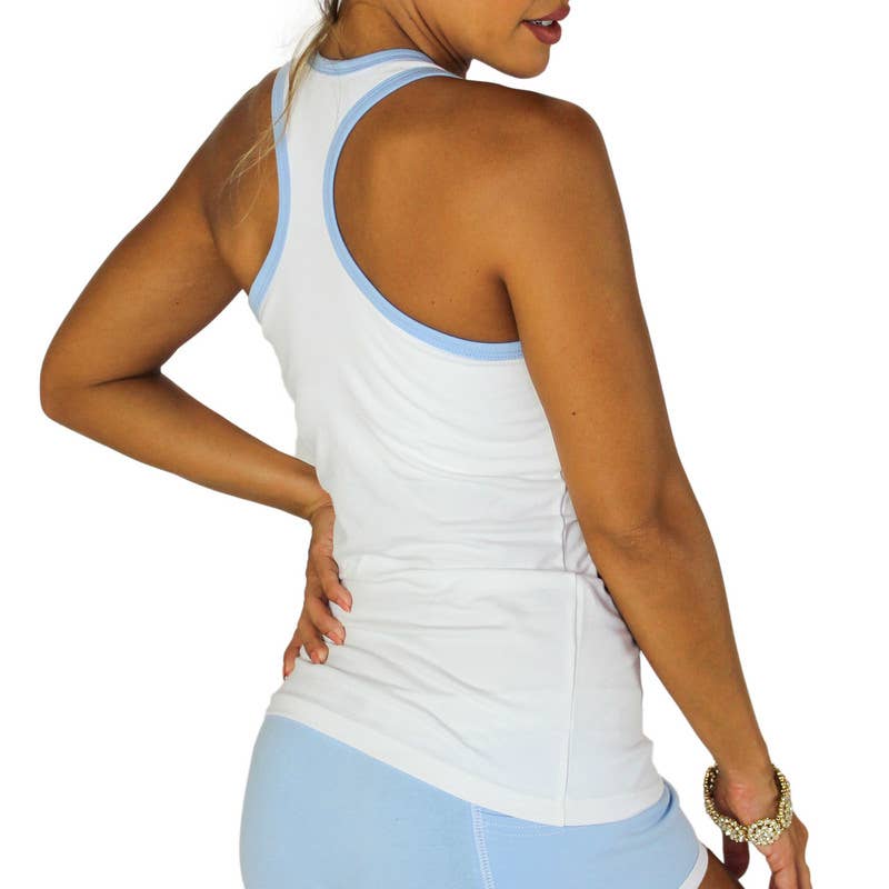 White Racerback Tank Top With Lt Blue Trim and Shelf Bra for wholesale on Faire1