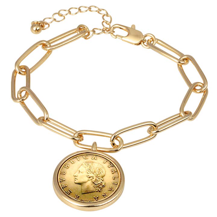 Bracelet à maillons allongés dorés avec pièce italienne de 20 Lira pour la vente par American Coin Treasures