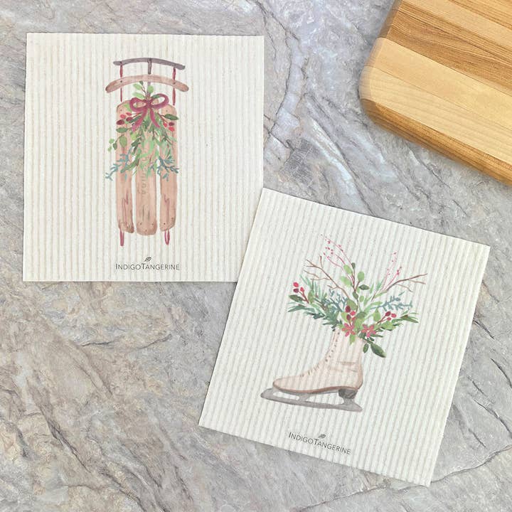 Winter Floral Ice Skate, Sled - 2pk Swedish Dish Cloth for wholesale by Indigo Tangerine