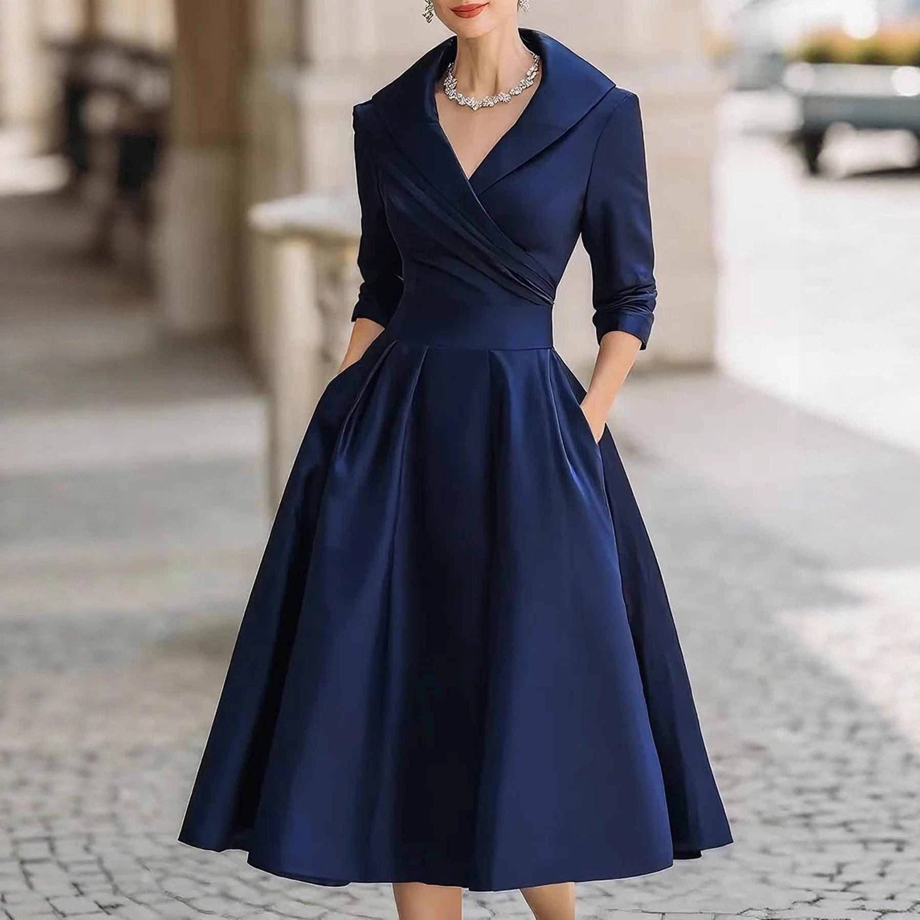 EmberLoom - Wholesale Dress - Women's - Women's Belted Satin V Neck Long Sleeve Midi Dress1