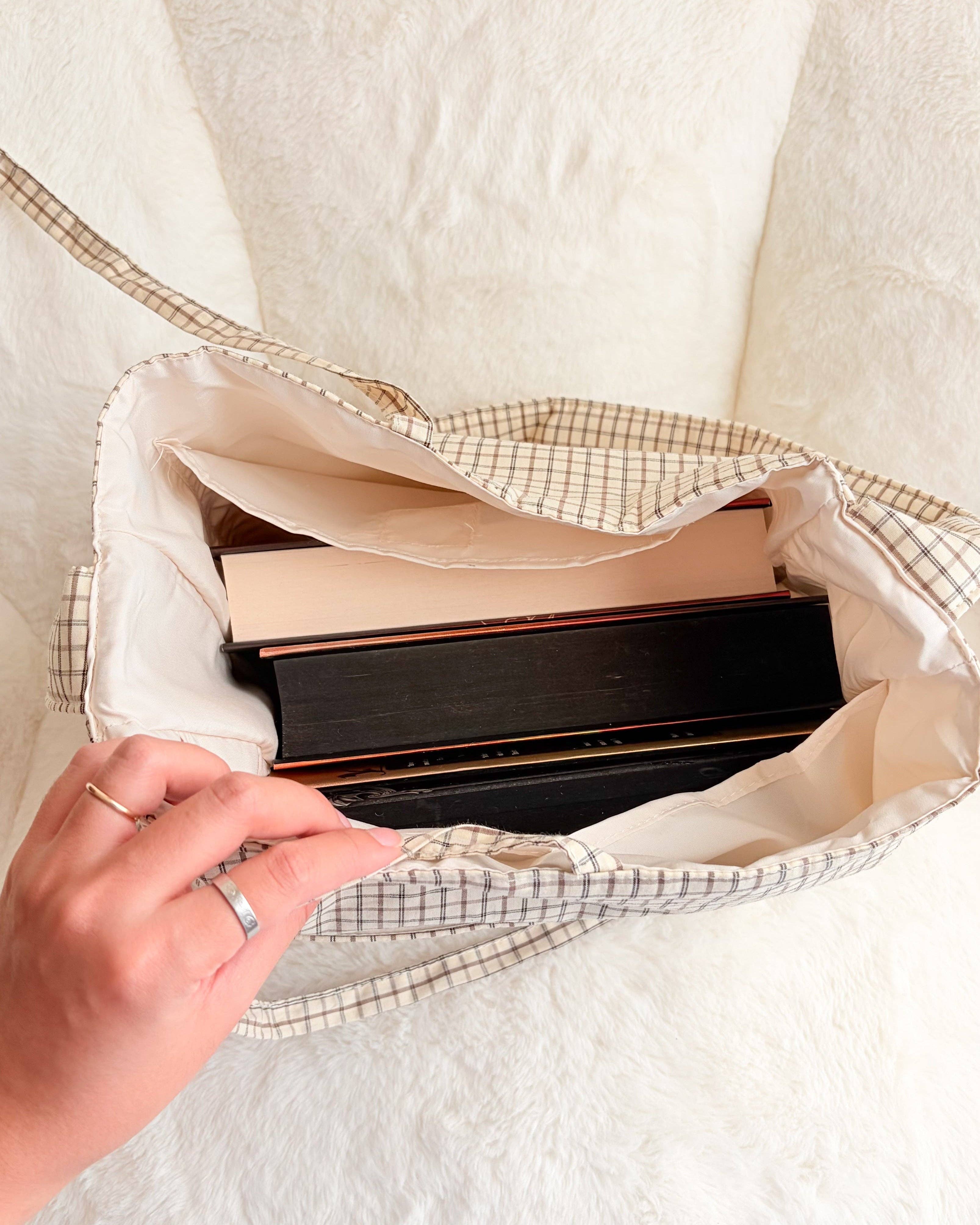 The Bean Workshop - Wholesale Tote Bag - Women's - Large Gingham Book Bag with Multiple Pockets2