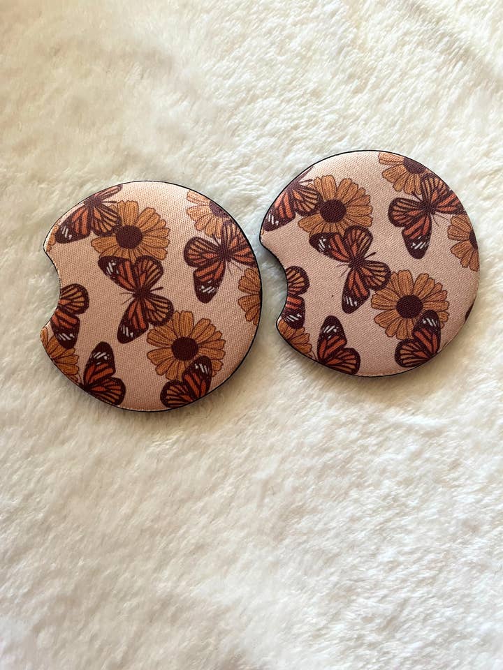 Retro Butterfly and Sunflower Car Coasters - Set of 2 for wholesale by Miss Printed Co