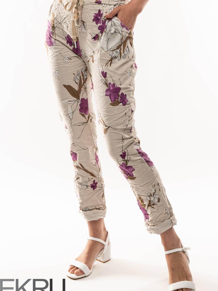 SS25 - PANTALÓN DE VIAJE ARRUGADO (PT882-9) FLORAL para venta al por mayor de LINEN LUV