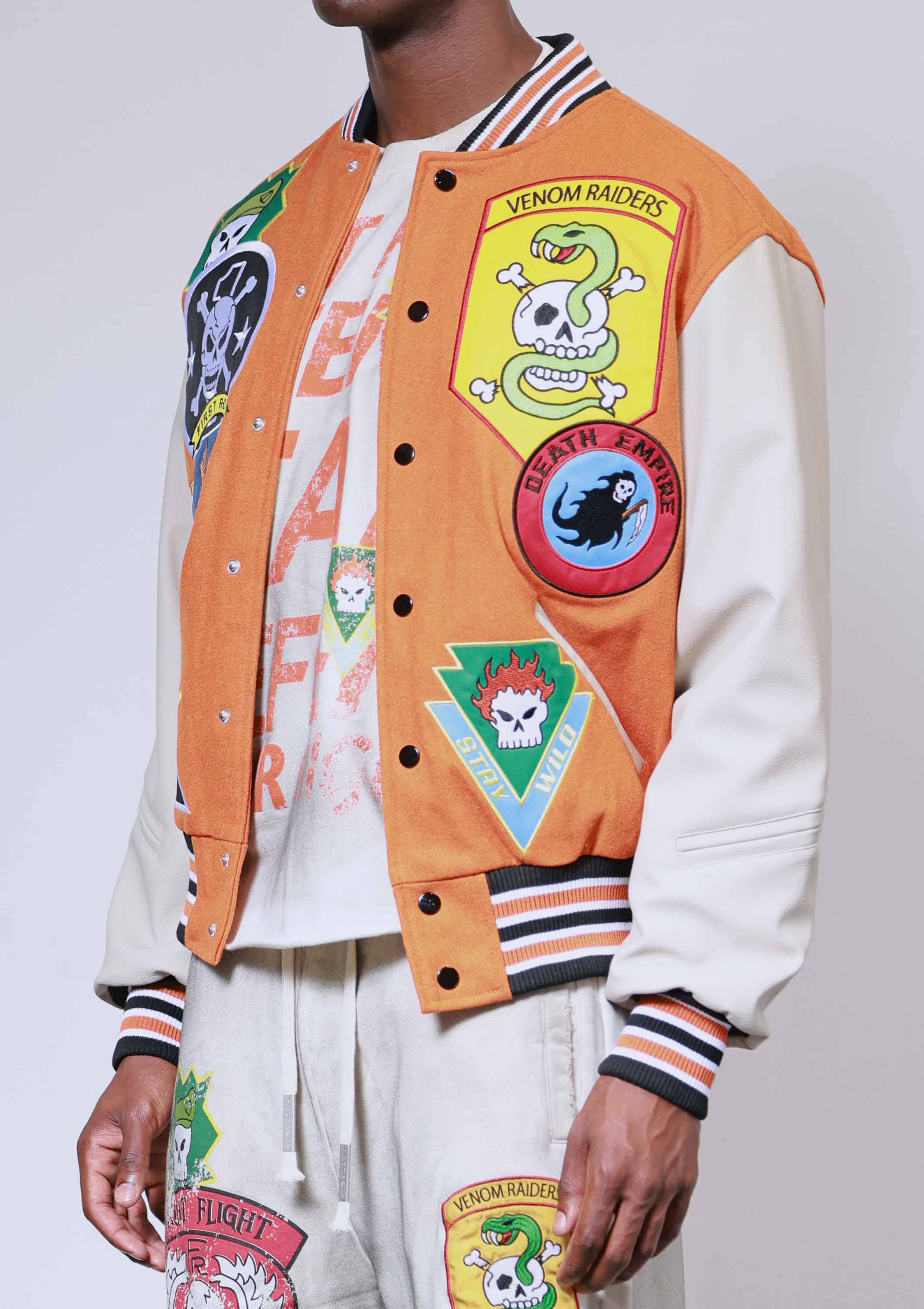 Orange LOGO ALLOVER VARSITY JACKET for wholesale on Faire7