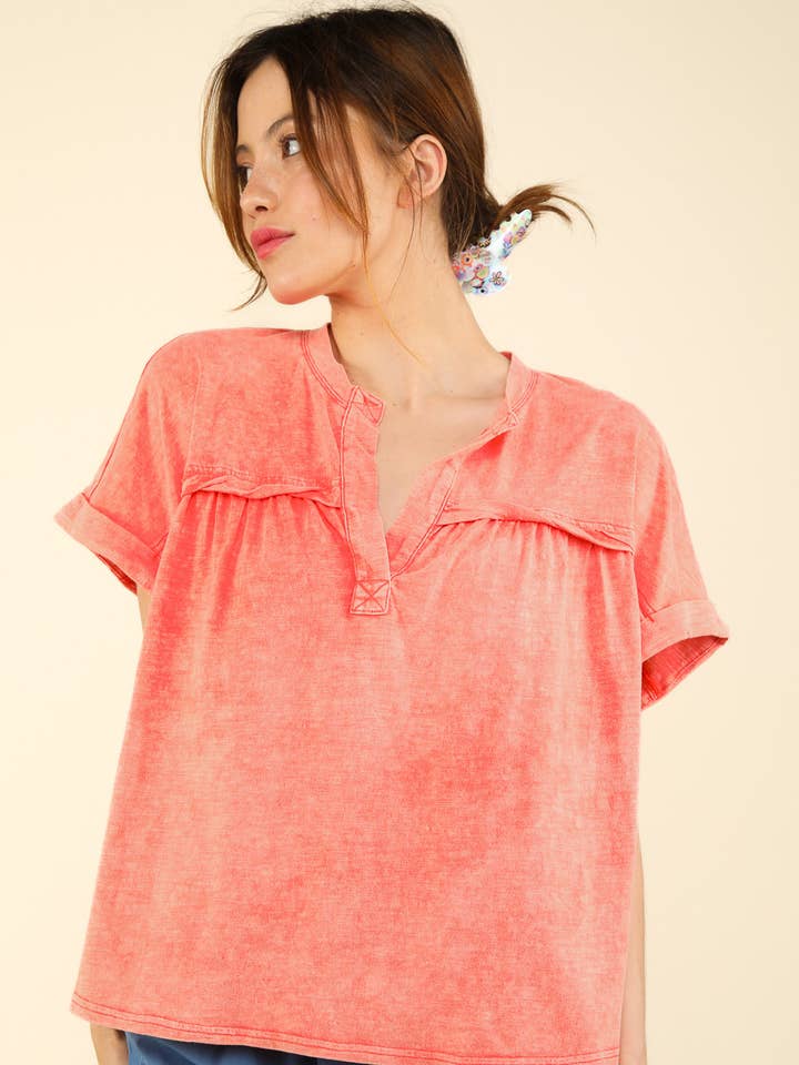 VERY J - Wholesale Knit Top - Women's - NT11769-Split Neck Washed Knit Top
