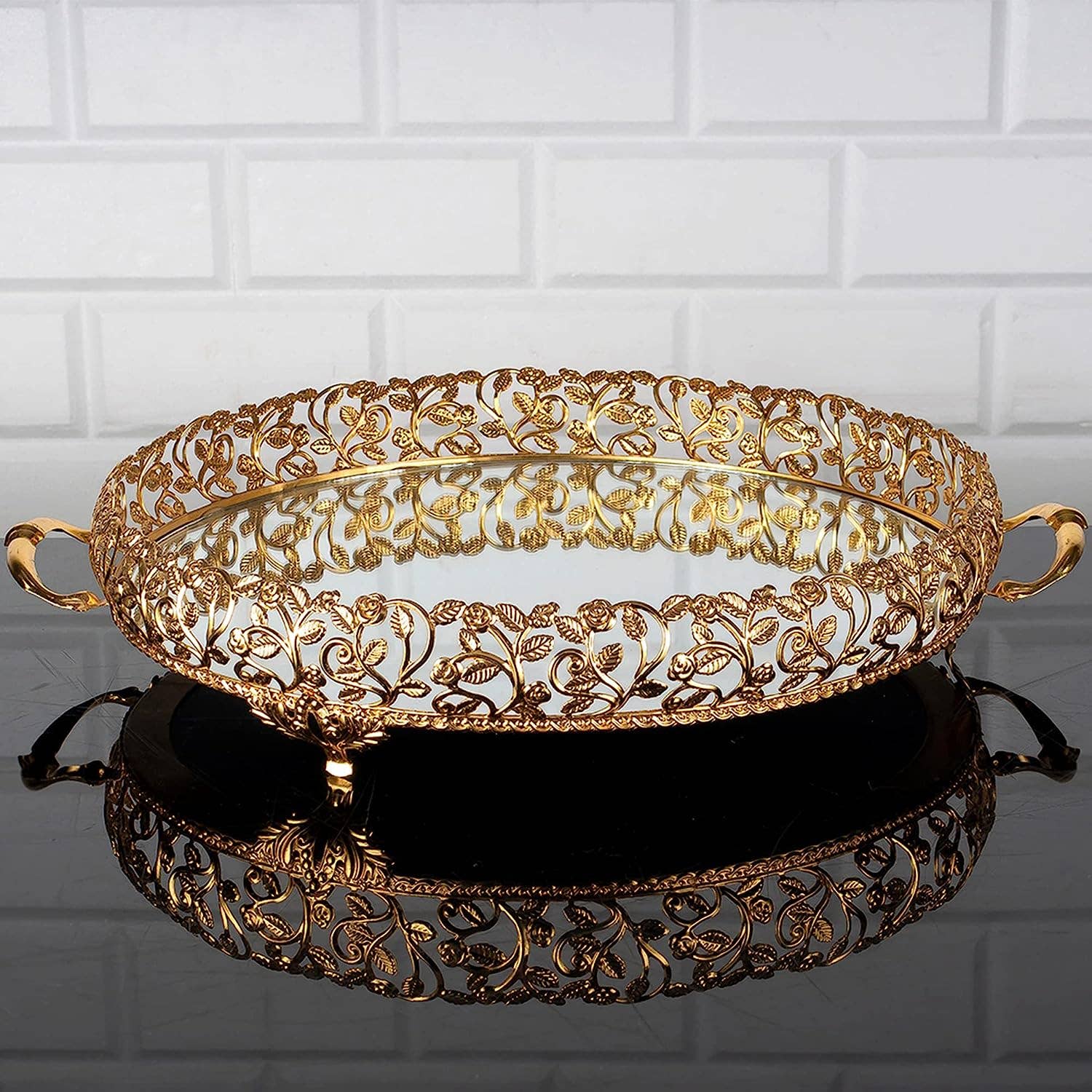 Hakan – Großhandel Deko-Tablett – Ovales, handgefertigtes Spiegel-Tablett aus Metall mit filigranem Design von Hakan5