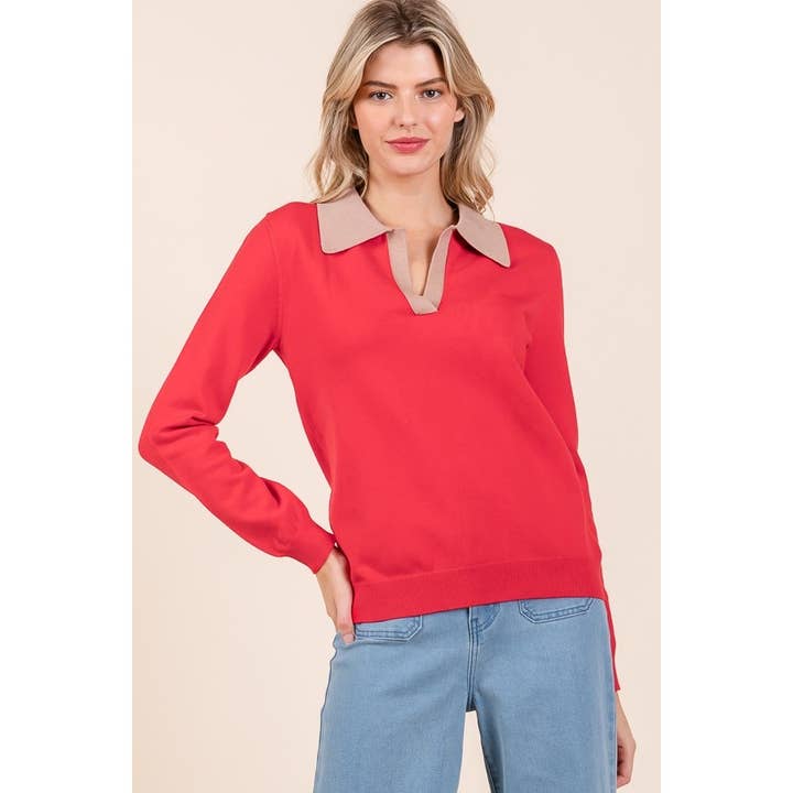 Contrast Collar Long Sleeve Sweater for wholesale by LIME N CHILI