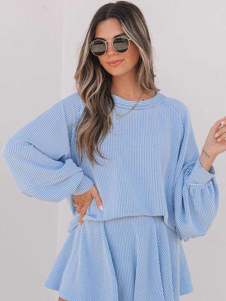 Sky Blue Corded Lantern Sleeve Top High Waist Ruffled Mini Skirt Set for wholesale by Secret Style Source