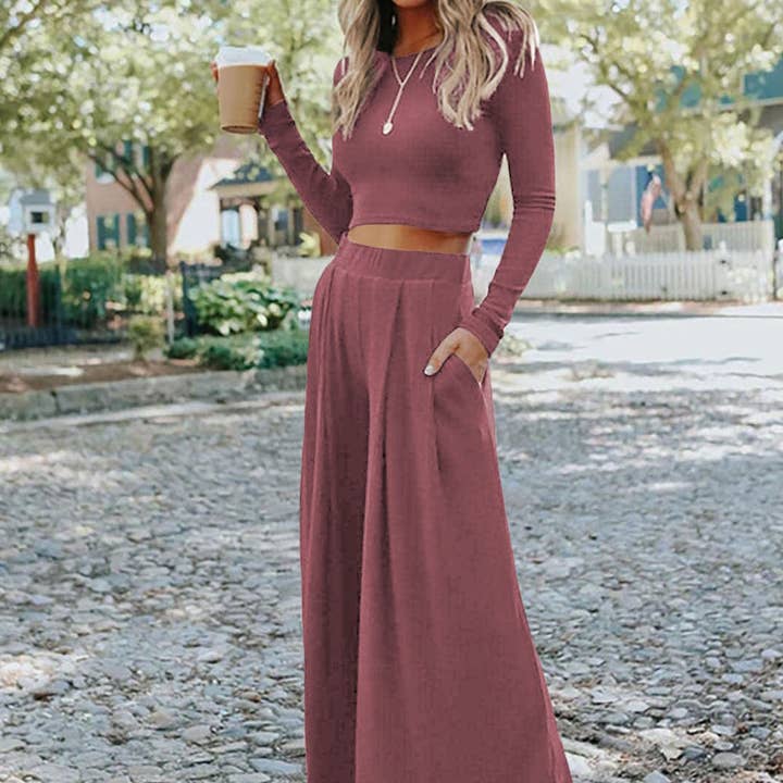 Solid Color Ribbed Crop Top Long Pants Set and other Purchase Wholesale two piece sets. Free Returns & Net 60 Terms on Faire trending on Faire.