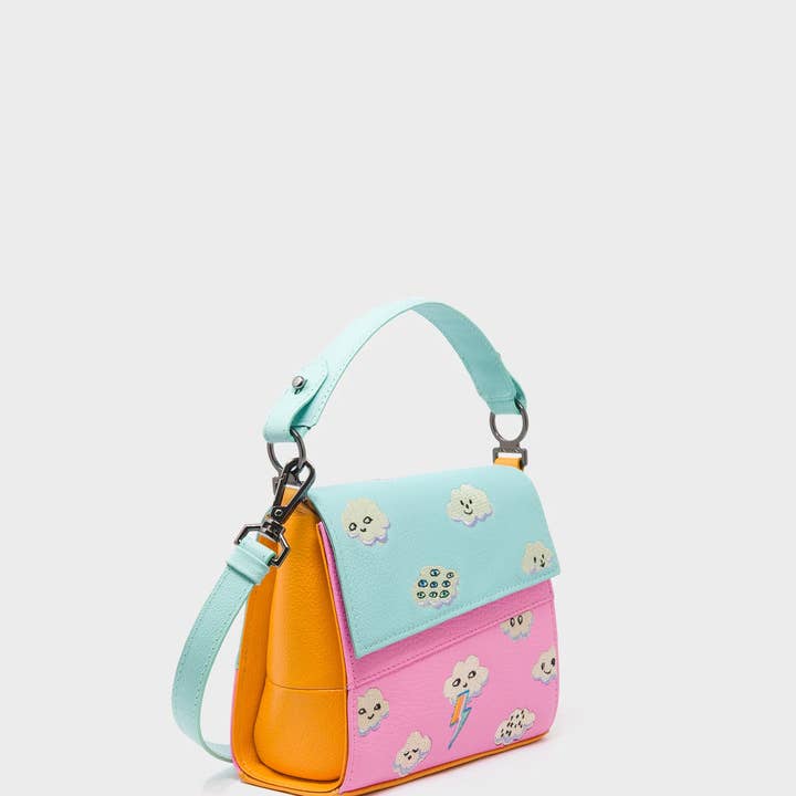 Min & Mon - Wholesale Crossbody Bag - Women's - Anastasio Micro Crossbody Handbag Water Ballet Blue and Bubblegum Pink Leather - Happy Clouds Design