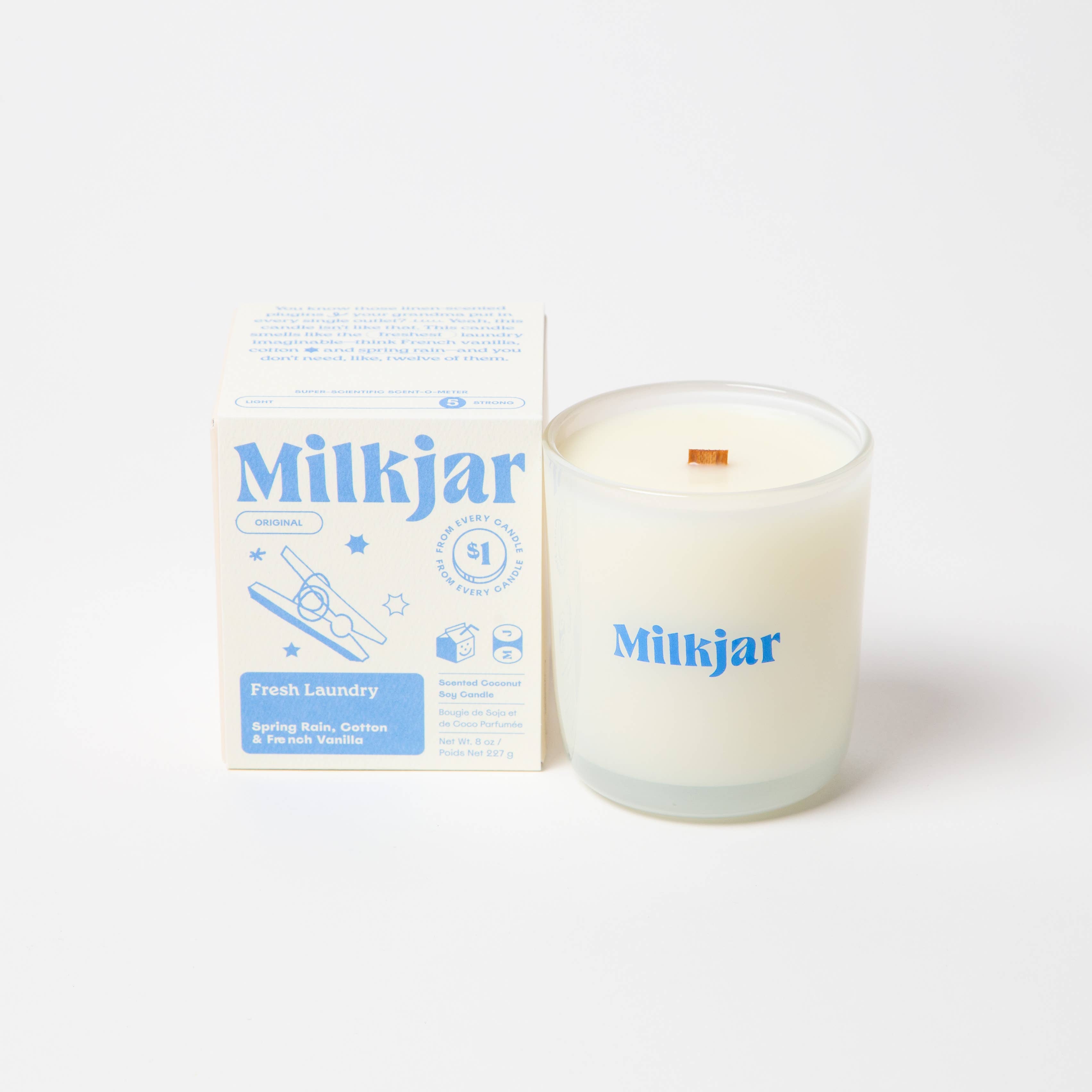 Milk Jar Candle Co. – Engroshandel Glaslys – Fresh Laundry Duftlys med regn, bomuld og vanilje, kokossoja 8 oz