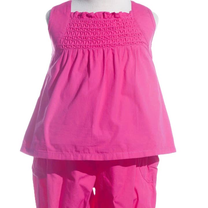 Fuchsia Geometric Smocked Sleeveless Top and Smocked Pants for wholesale by Hello Bebes!