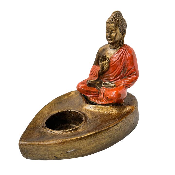 VIE - Wholesale Candle Holder - Orange-Robed Buddha with Tea Light Holder, 12x9x15cm4