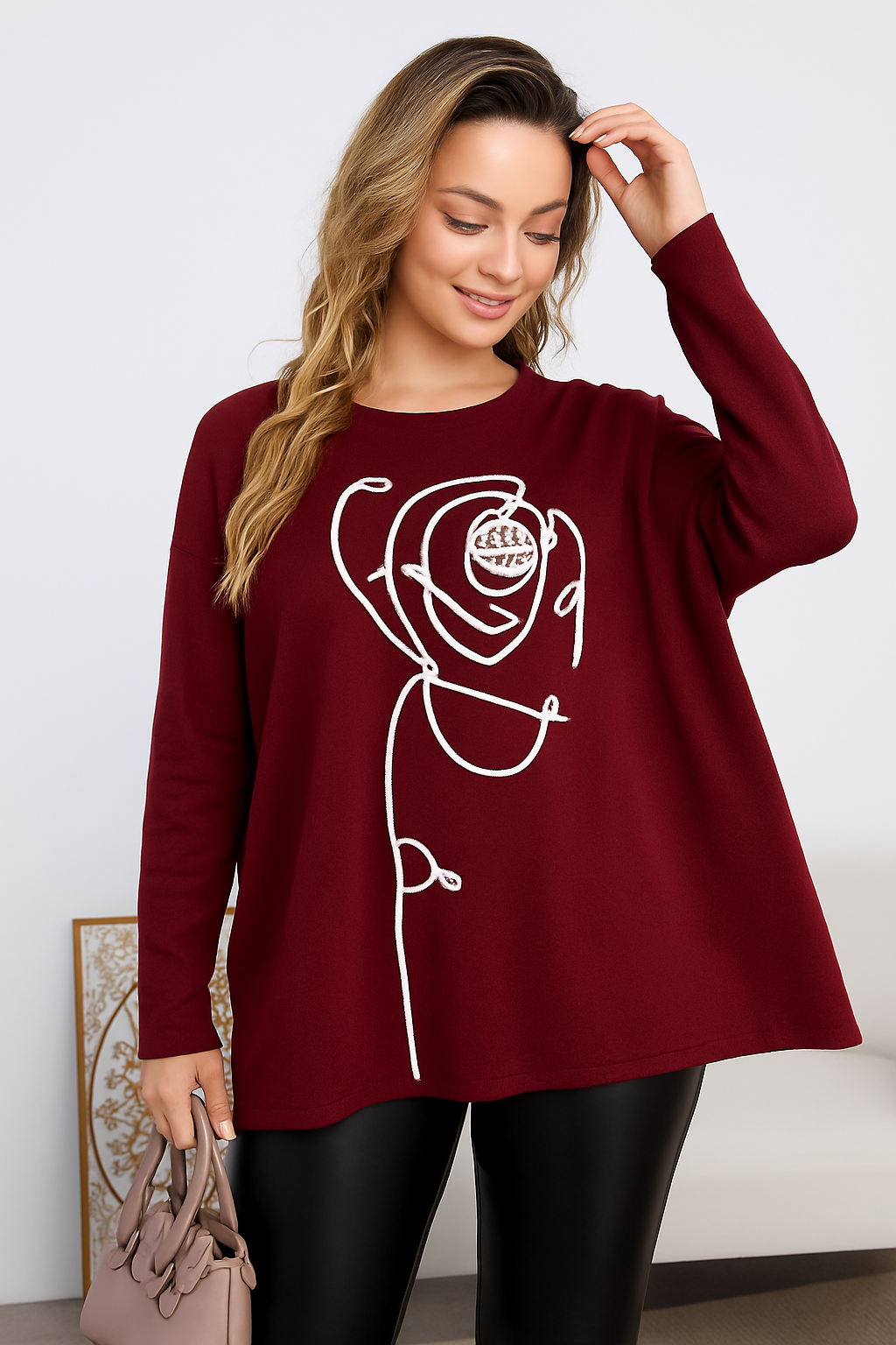 Lucy Sparks – Pulôver - Mulher por atacado – CAMISOLA DE MALHA SUAVE COM DESENHO DE ROSA NA FRENTE1