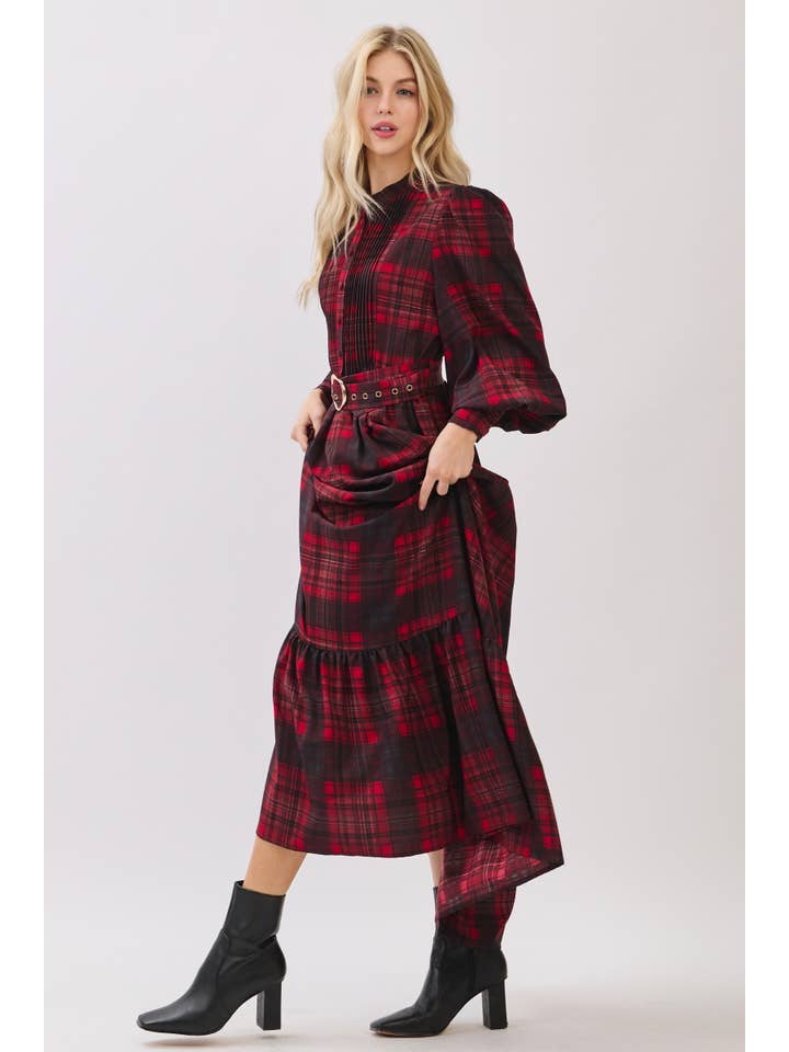 B I G H I T Fashion - Wholesale Dress - Women's - Plaid Long Bubble Sleeve Button down Maxi Dress HD2928-RED 10