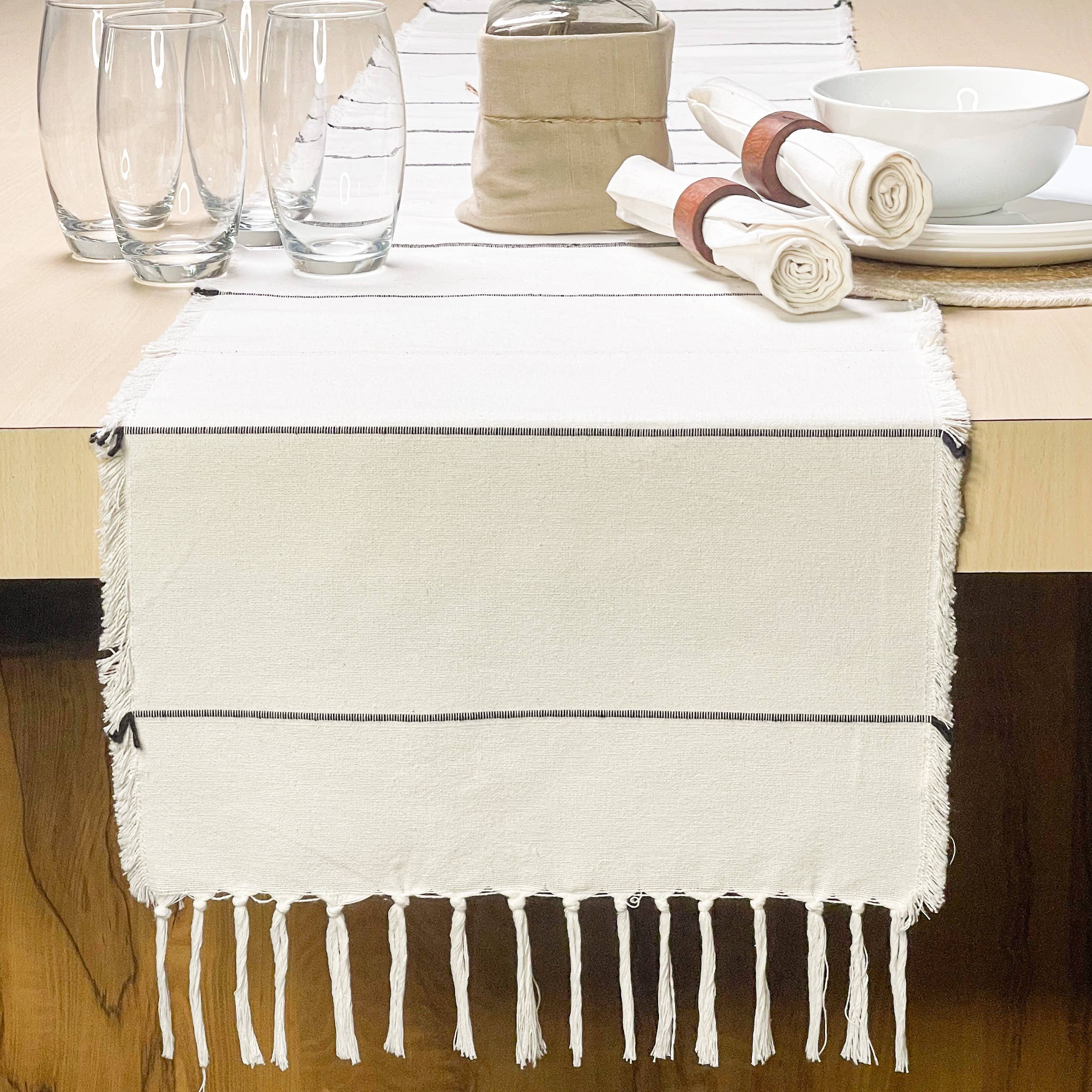 White IRIS TABLE RUNNER, IVORY-BLACK, 14''x72'' for wholesale on Faire1