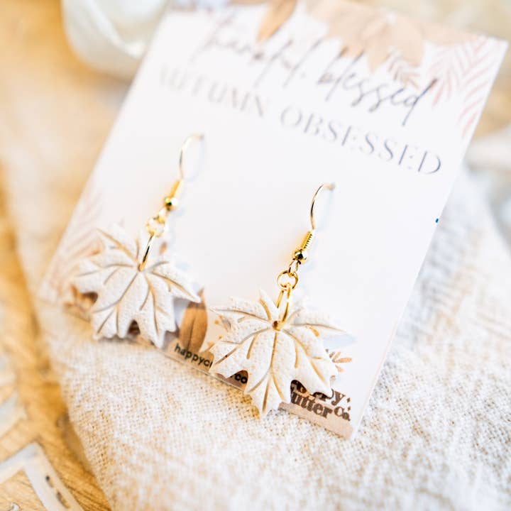 Happy Cutter Co - Wholesale Dangle Earrings - Elegant Cream Maple Leaf Earrings | Dainty Fall Earrings3