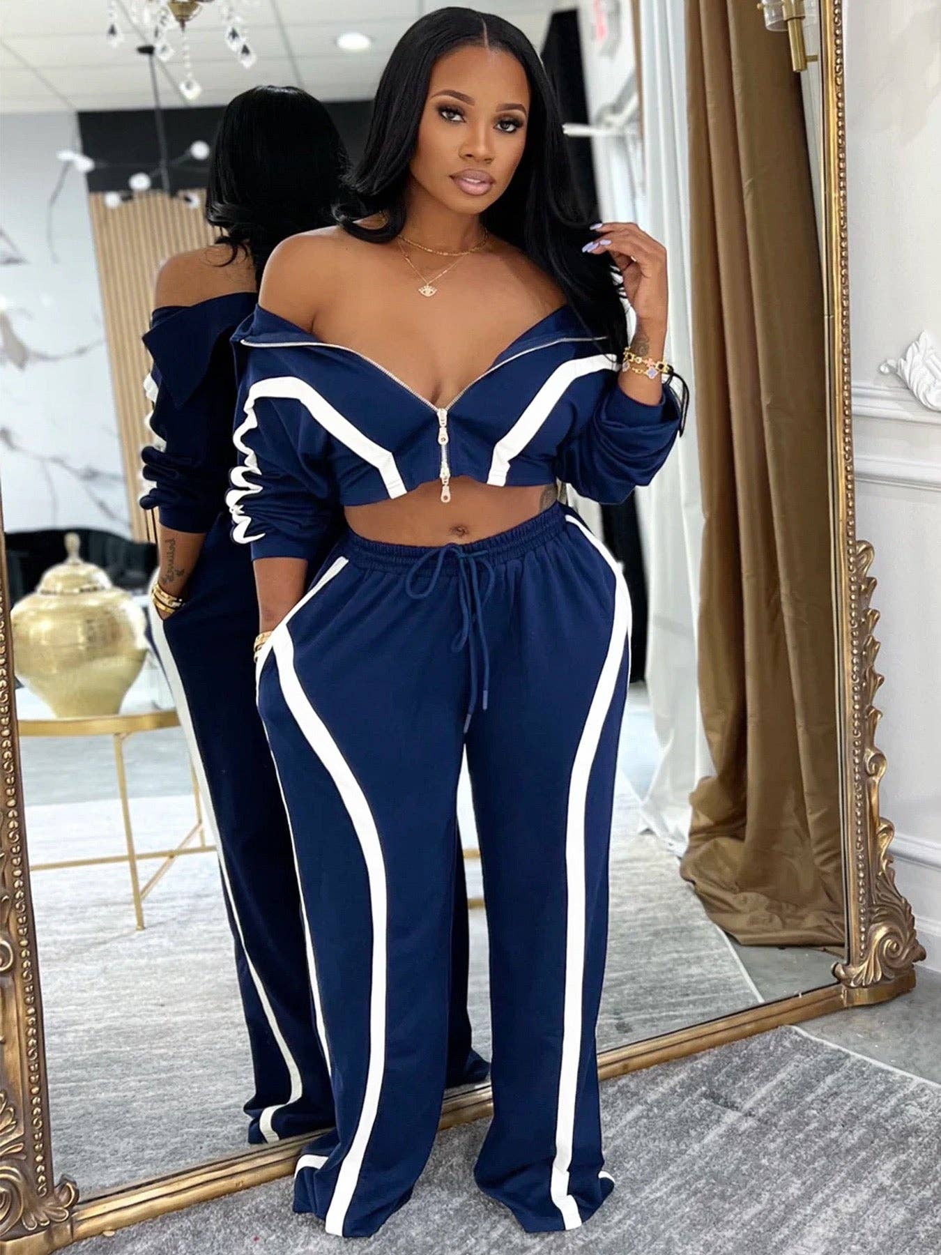 MB Fashion Wholesale - Wholesale Lounge Set - Women's - MB FASHION Zip-Up Contrast Stripe Two-Piece Lounge Set 50392
