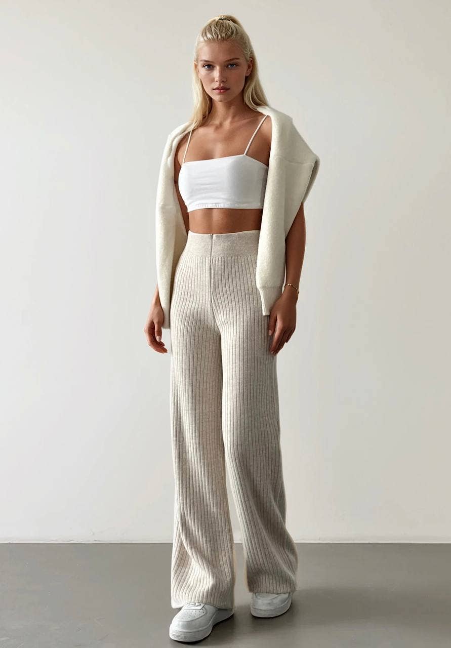 Anaz - Wholesale Pants - Women's - Ribbed Knit Wide-Leg Pants